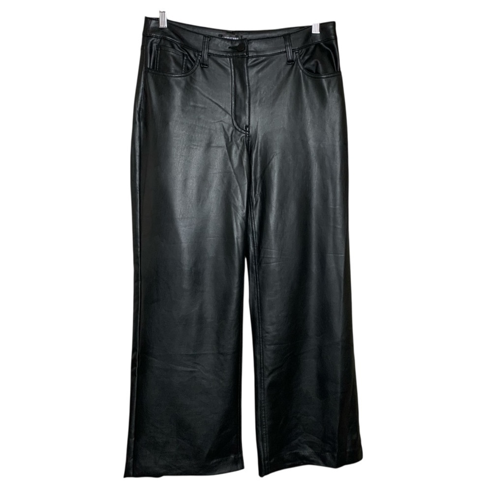 Black Faux Leather Pants Wide Leg Sz 12 p Washable Classic Staple Trousers